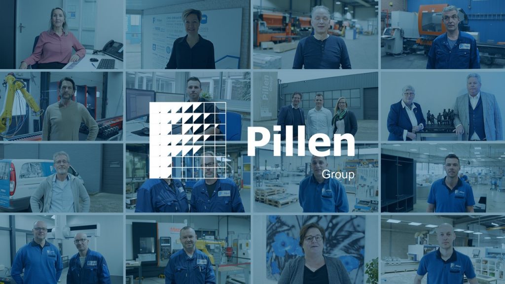 Das Logo der Pillen Group mit mehreren Mitarbeitern im Hintergrund.