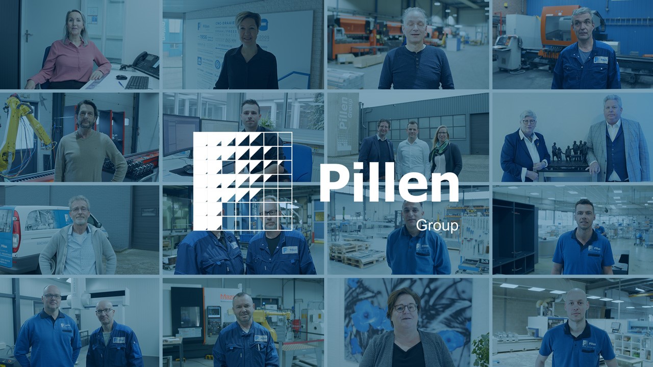 Het logo van Pillen Group met op de achtergrond meerdere medewerkers in beeld.