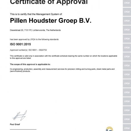 Certificate Of Approval Pillen Houdster Groep ISO9001 2015 LRQA Pagina 1