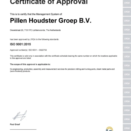 Certificate Of Approval Pillen Houdster Groep ISO9001 2015 LRQA Pagina 1