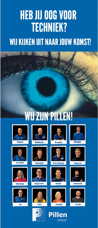 Heb Jij Oog Voor Techniek? Een banner met de tekst 'Heb jij oog voor techniek?' inclusief foto's van Pillen Group medewerkers. De banner is bedoeld voor het werven van personeel.